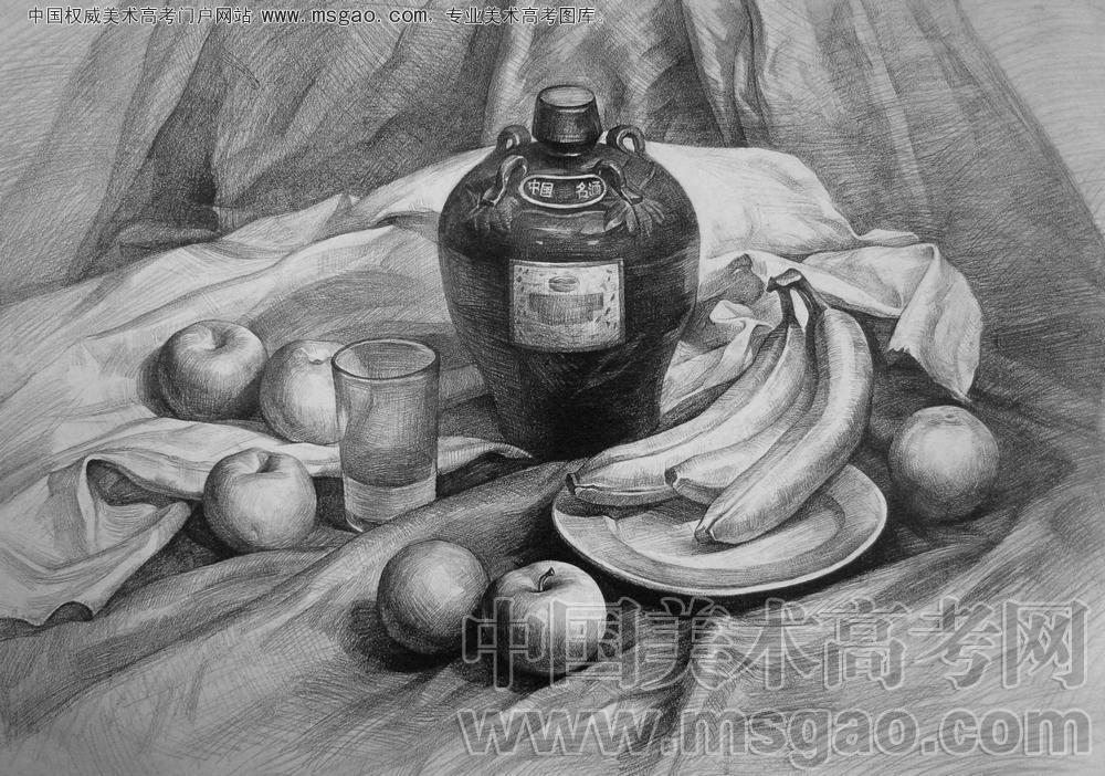 素描静物酒坛子，香蕉，盘子，苹果，杯子等 第1张