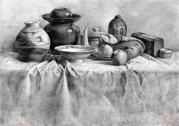 罐子，酒瓶，碗，苹果等一组静物的素描刻画 第1张