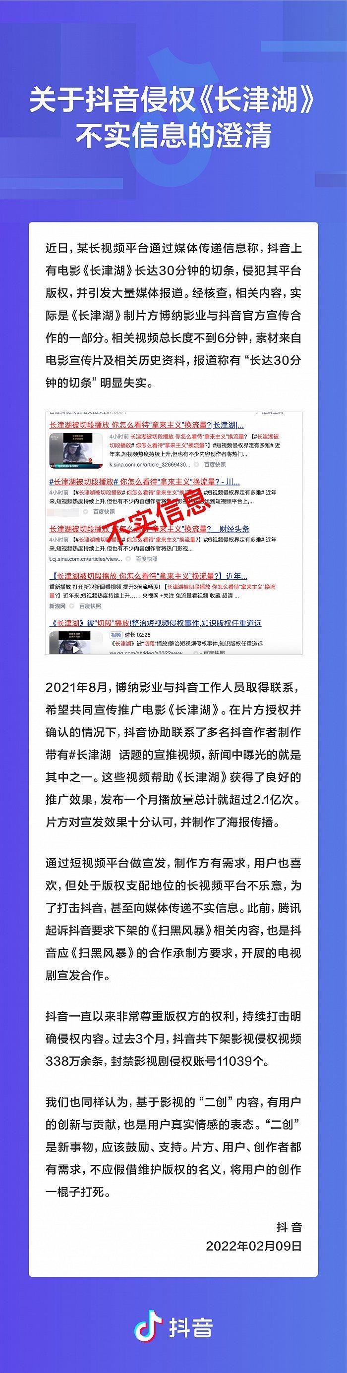 抖音回应被指侵权《长津湖》：视频不到6分钟，系与博纳影业官方合作 第1张