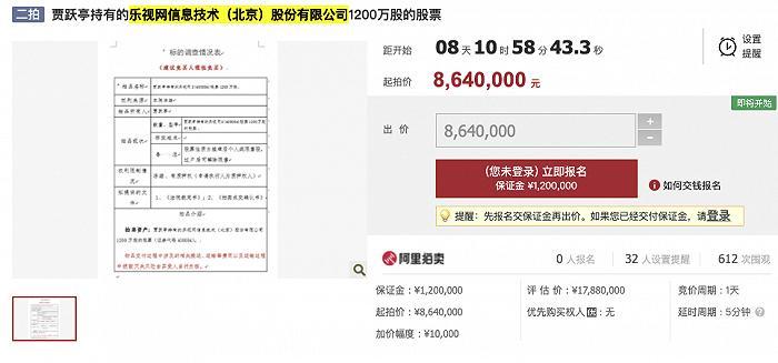 贾跃亭所持1739.8万股乐视网股票将二次拍卖 第1张