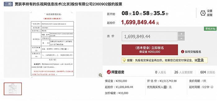 贾跃亭所持1739.8万股乐视网股票将二次拍卖 第3张