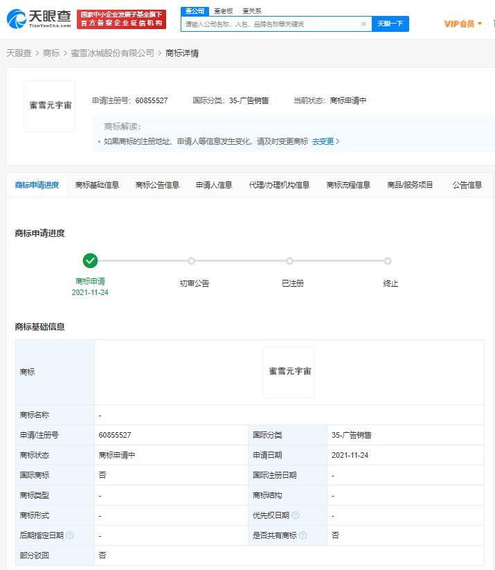 蜜雪冰城申请蜜雪元宇宙等多个商标 第5张