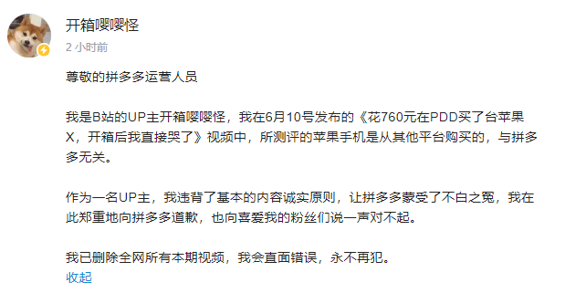 B站 UP 主因视频造假向拼多多致歉，涉事账号被封禁 30 天 第3张