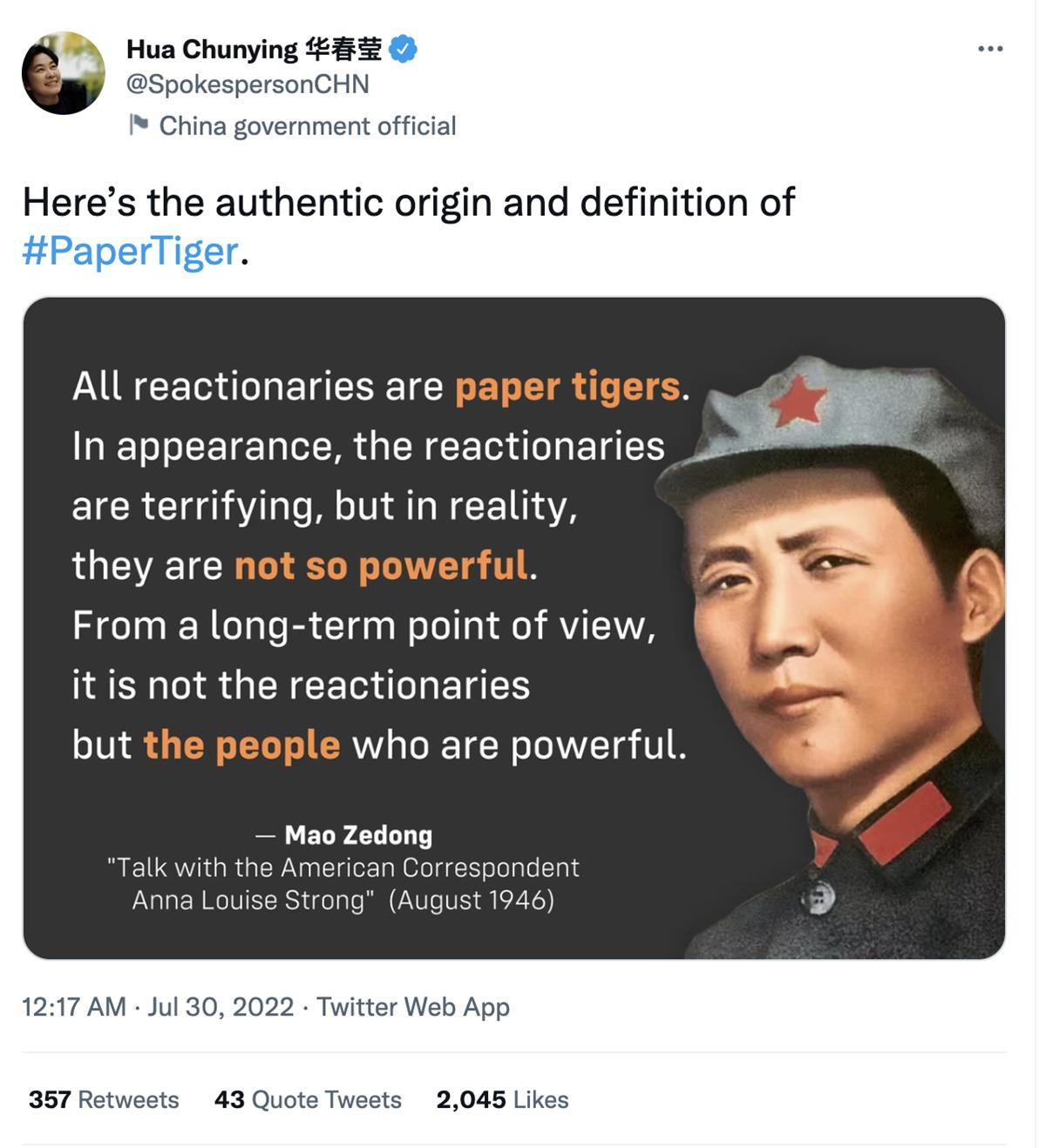 佩洛西第一站访问新加坡，华春莹向外国网友再度科普“纸老虎” 第5张